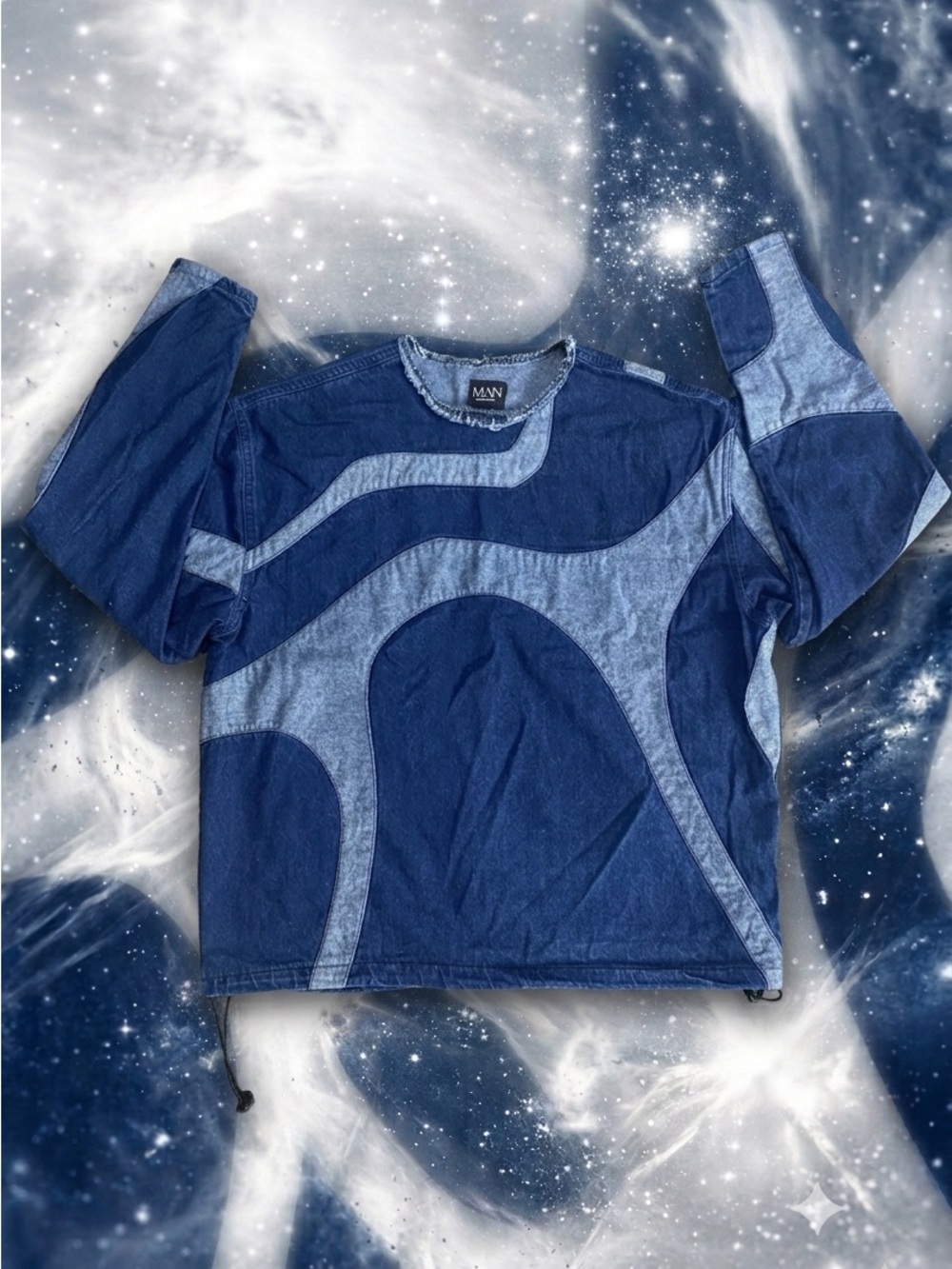 boohooMAN Mens L Spliced Denim Sweatshirt Wavy Patchwork Raw Edge Pullover Top